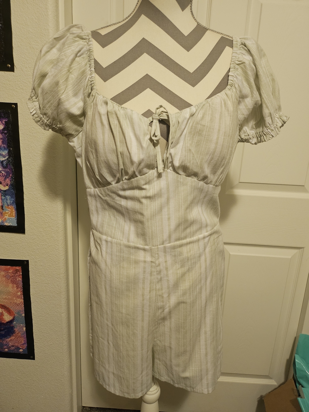 Derek Heart Pastel Stripe Puff Sleeve Romper with Front Tie